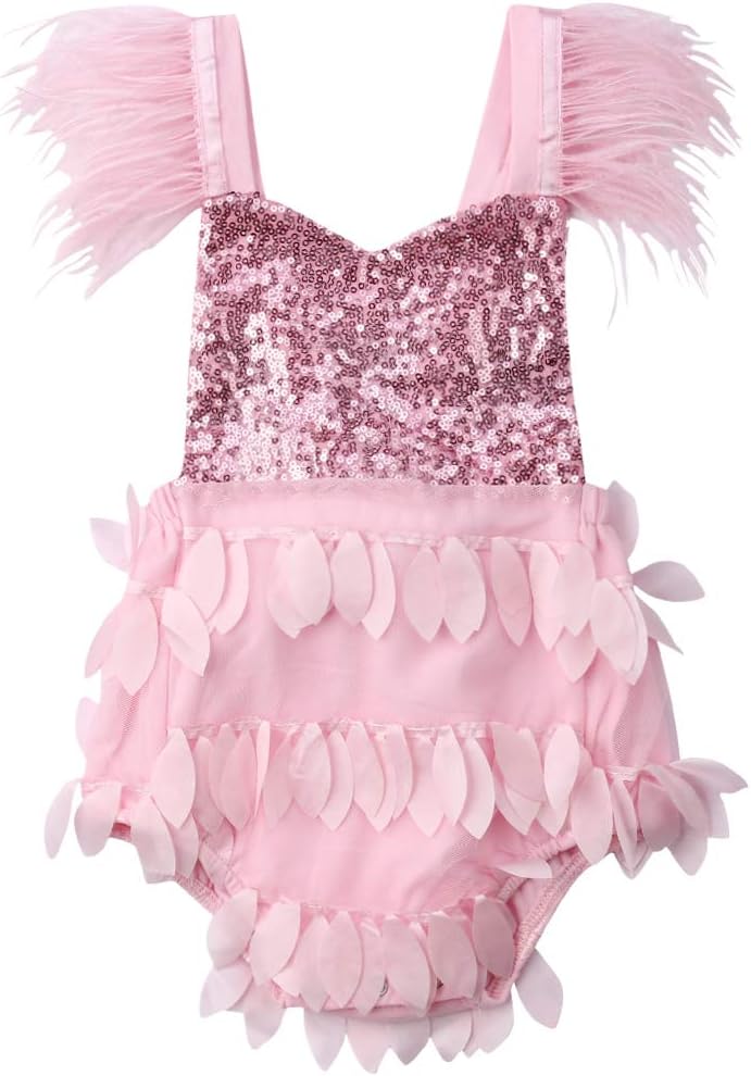 Newborn Baby Girls Sleeveless Romper with Sequins Feather Strap Halter Jumpsuit Bodysuit