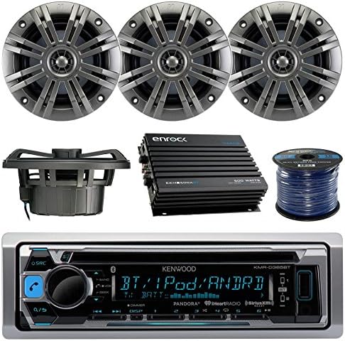 Kenwood KMR-D365BT In-Dash Marine Audio Bluetooth Receiver Bundle Package With 4 Kicker 41KM652C 6.5" 2-way 195w, 2 Ohm Marine Speakers + Enrock EKMB500ABT 400W 4-Chan Bluetooth Car/Marine Amplifier