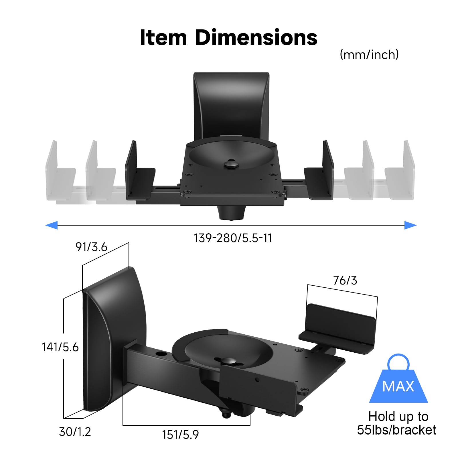 suptek Speaker Wall Mounts, Dual Speaker Stands for Surround Sound Speakers, Universal Bracket, Tilt Swivel Shelves Up to 55lbs Black (2 Pack)
