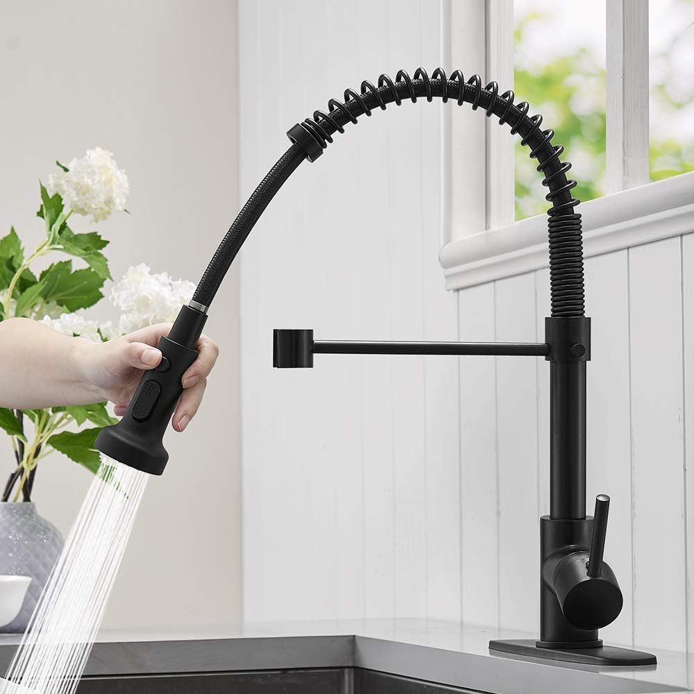 BESy Commercial Kitchen Faucet with Pull Down Sprayer, High-Arc Single Handle Single Lever Spring Rv Kitchen Sink Faucet with Pull Out Sprayer, 3 Function Laundry Faucet, Matte Black - - 