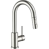 FORIOUS Bar Sink Faucet for Kitchen Sink, Modern Single Handle Kitchen Faucet with Pull Down Sprayer, Brushed Nickel Stainless Steel High Arc with Deck Plate for 1 or 3 Hole, Suitable for Bathroom RV