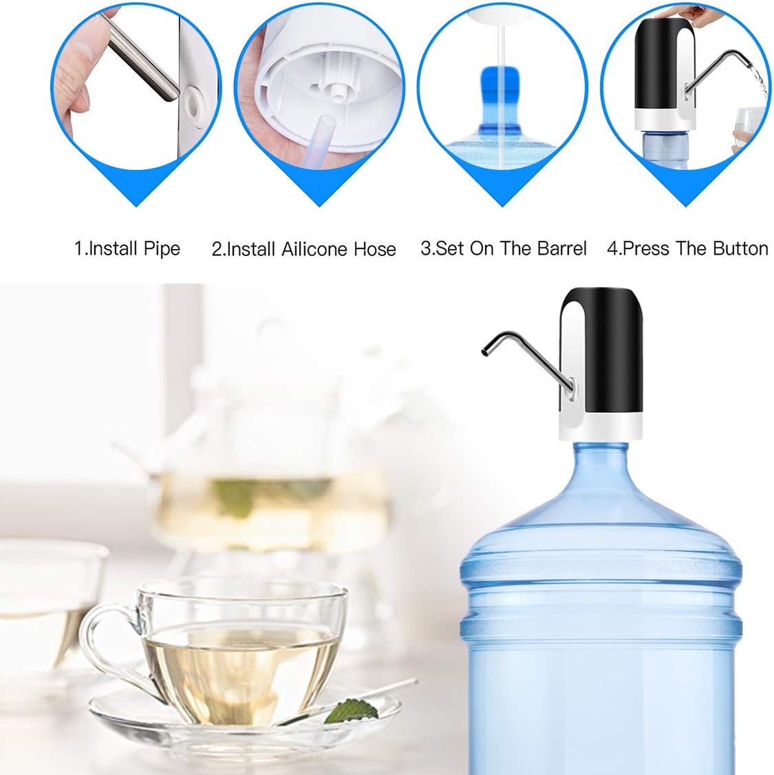 HUAPPNIO Water Bottle Pump Electric Portable USB Charging for 5 Gallon Water Bottle with 1200MAH Battery Powered Black - - 
