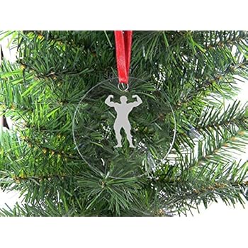 Personalized Custom Muscles/Bodybuilder Clear Acrylic Hanging Christmas Tree Ornament with Red Ribbon