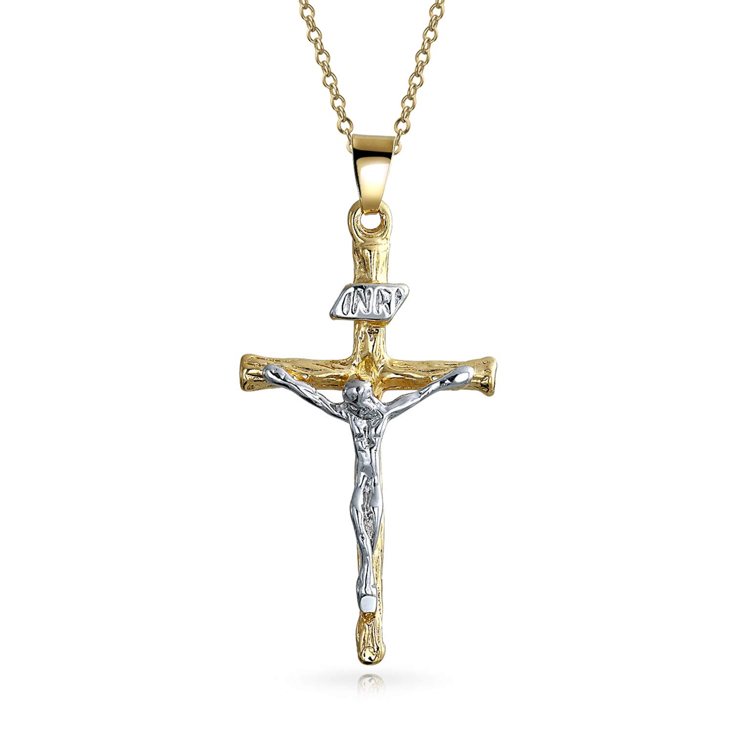 Bling Jewelry Traditional Christian Religious Jesus Inri Crucifix Cross Pendant Necklace For Women Men Two Tone Gold Plated