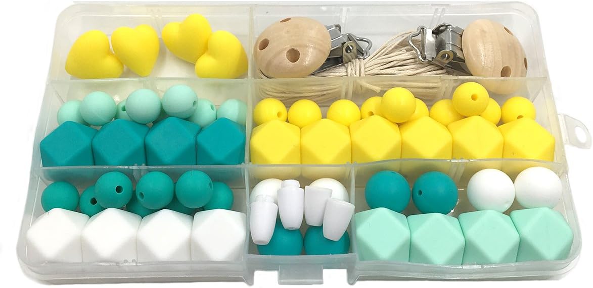 Wendysun DIY Wooden Teether Jewelry Accessories Combination Package Blending Silicone Hearts Round Beads Geometric Beads Wooden Pacifier Clip Toys Creative Freedom Baby Teether Set