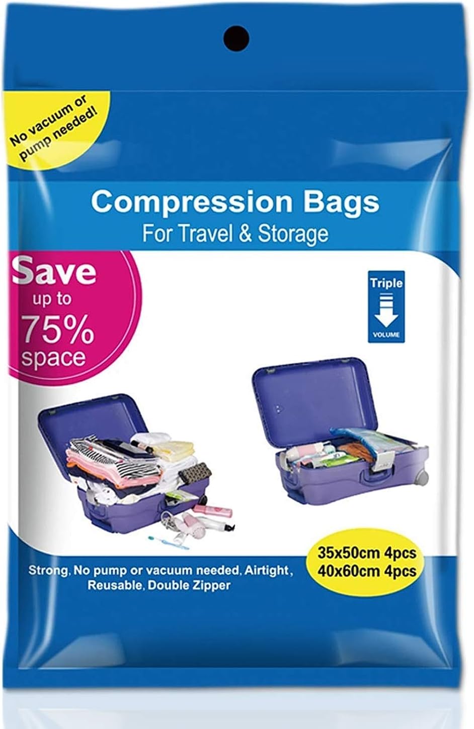 Space Saver Vacuum Storage Bags 8 Pack (4 x Small, 4 x Medium) Space Saver Compression Bags No Vacuum or Pump Needed, Vacuum Storage Bags for Clothes Travel, Durable and Reusable By WETONG