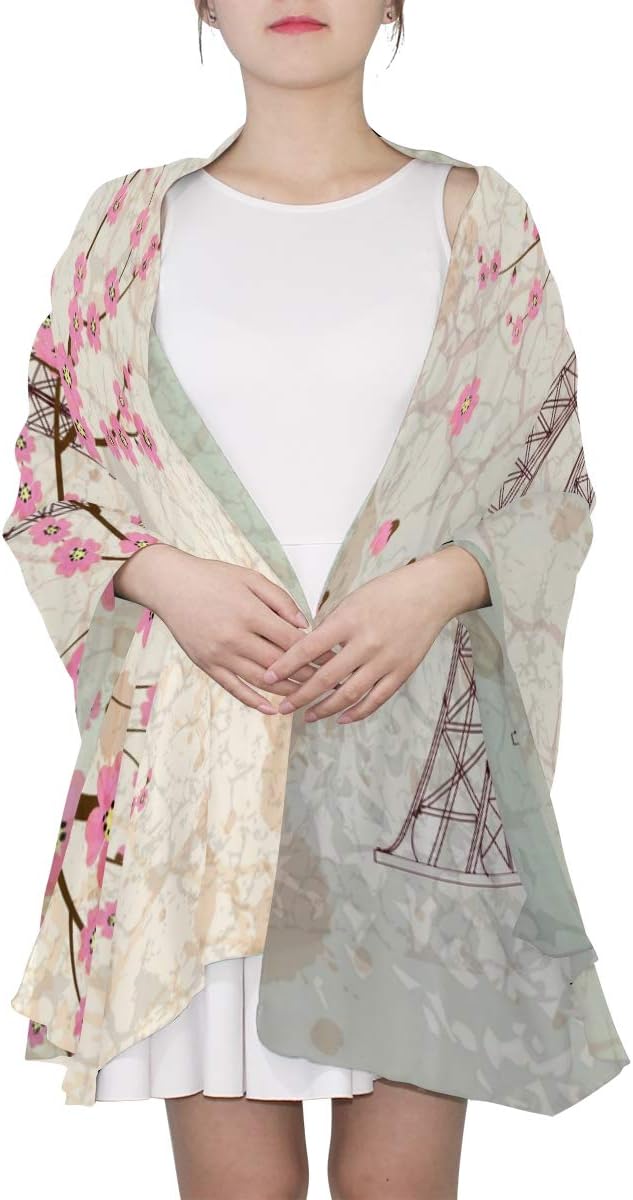 Scarf Women, Pink Cherry Blossom Paris Eiffel Tower Super Soft Lightweight Scarves Fashion Thin Wraps Shawl for Ladies Girls