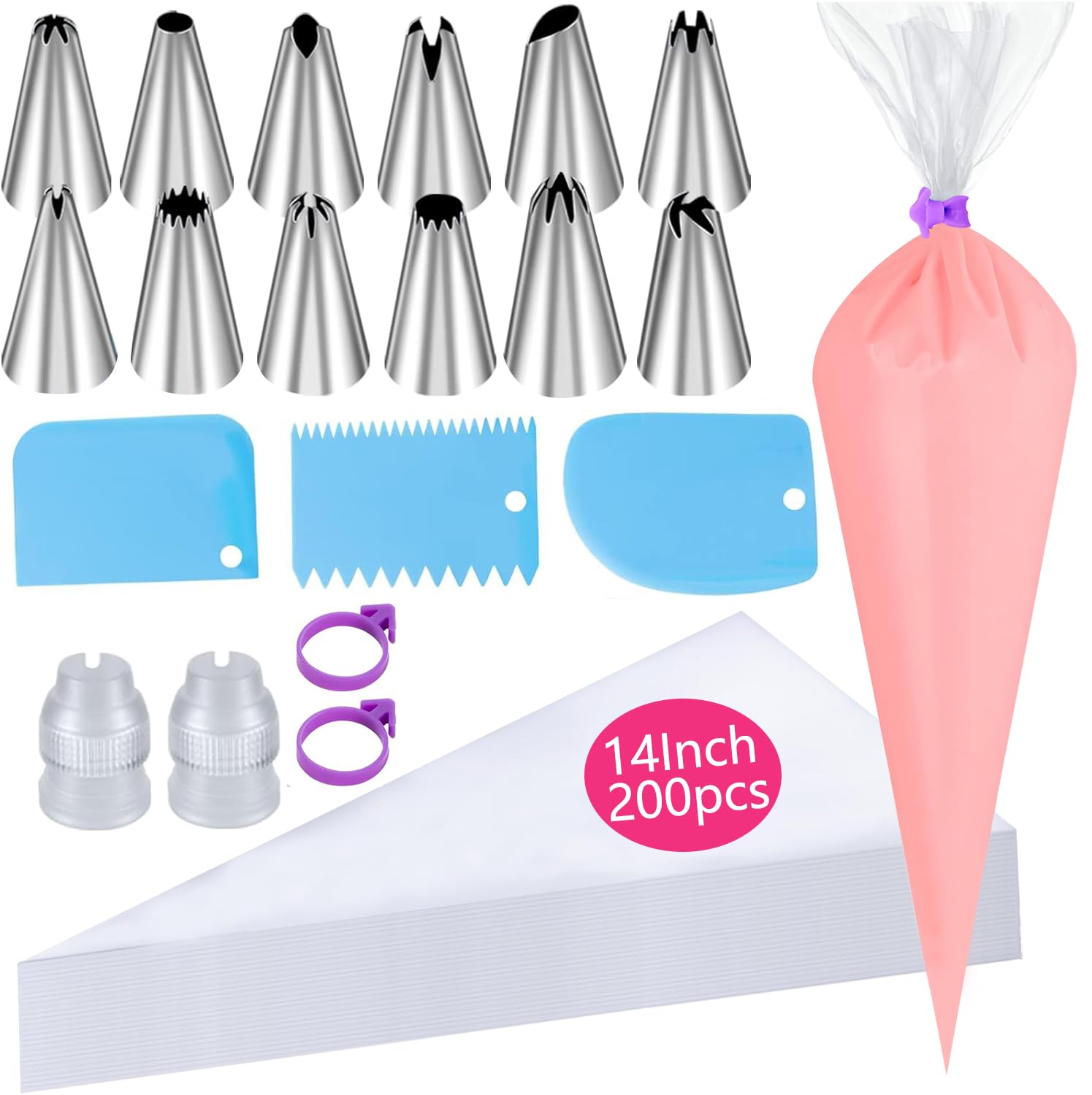 Photo 1 of 219PCS Piping Bags and Tips Set Frosting Bags Disposable 14 Inch 200PCS Anti Burst Thicken Pastry Bags with 2 Icing Bag Ties, 1 Couplers, 3 Cake Side Scrapers, 12 Frosting Tips for Cake Baking