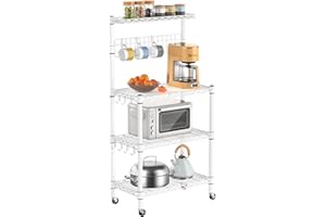 Leteuke Bakers Rack for Kitchen with Storage, NSF Certified 4-Tier Adjustable Coffee Bar with Wheels 10 S-Hooks Microwave Stand Kitchen Storage Shelf Metal Storage Rack 30 x 14 x 59 Inches, White