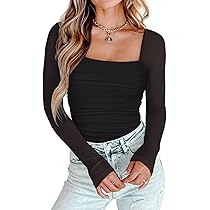 トップス UNLIENS long top bustier PINKMSTYLE Mesh Square Neck Bodysuit for Women Long Sleeve