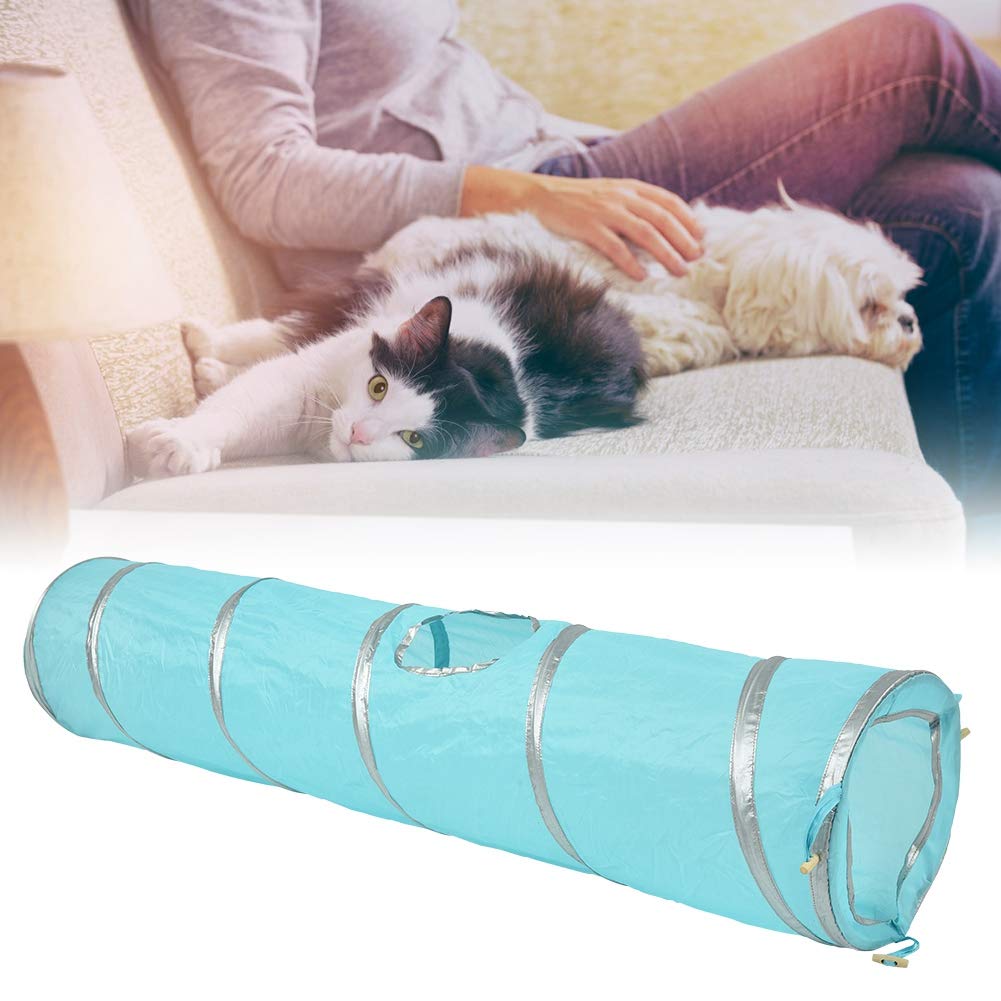 120cm Folding Cat Crinkle Tunnel Funny Kitten Cat Play Toy with Ball 1 Peep Hole Design (blue)