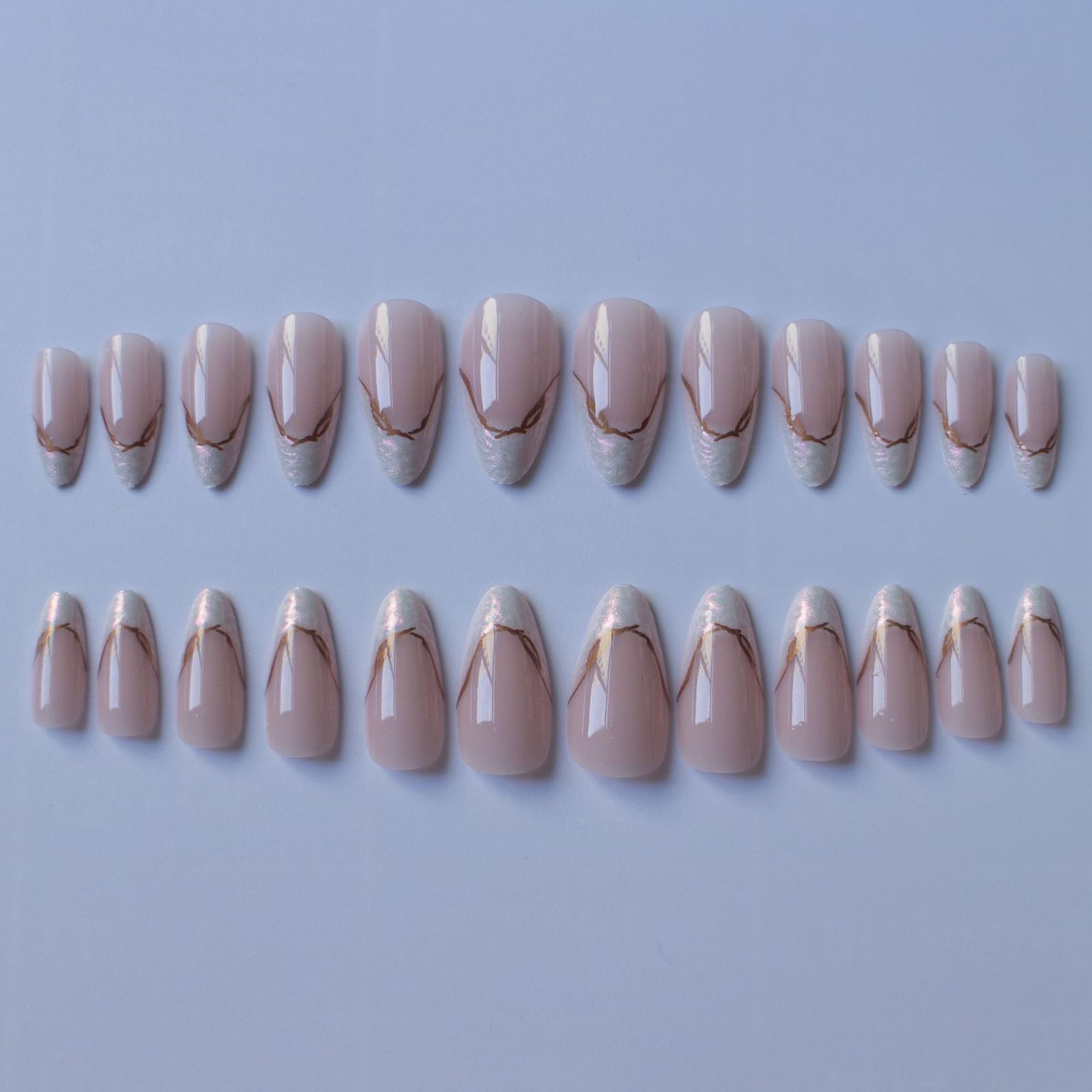 MISUD Almond Press on Nails Chrome Bling Aurora French Tip Artificial Gold Swirl False Nails with Pearl Flash Design - 24 pcs - Image 2