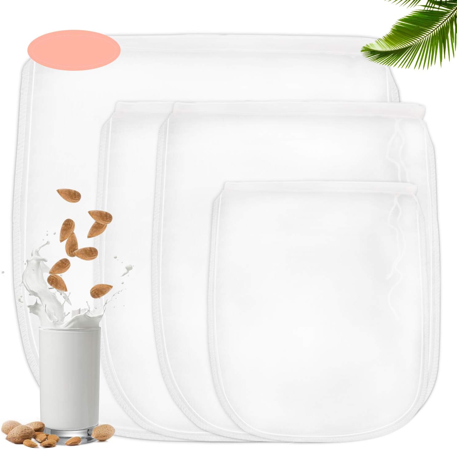 BALFER 4 Stück Nussmilchbeutel für vegane Nussmilch & Mandelmilch - Feinmaschiges Filtertuch, Seiher, Passiertuch (3 Größen)