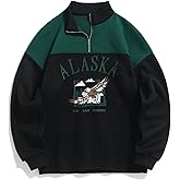 ZAFUL Men's Letters Embroidered Raglan Sleeve Quarter Zip Fleece Vintage Pullover Sweatshirt (ALASKA-Black Green, Large)