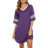 Ekouaer Nightgowns for Women Cotton Night Gown Short Sleeve Sleepwear V Neck Color Block Sleep Shirts Ladies Night Shirts