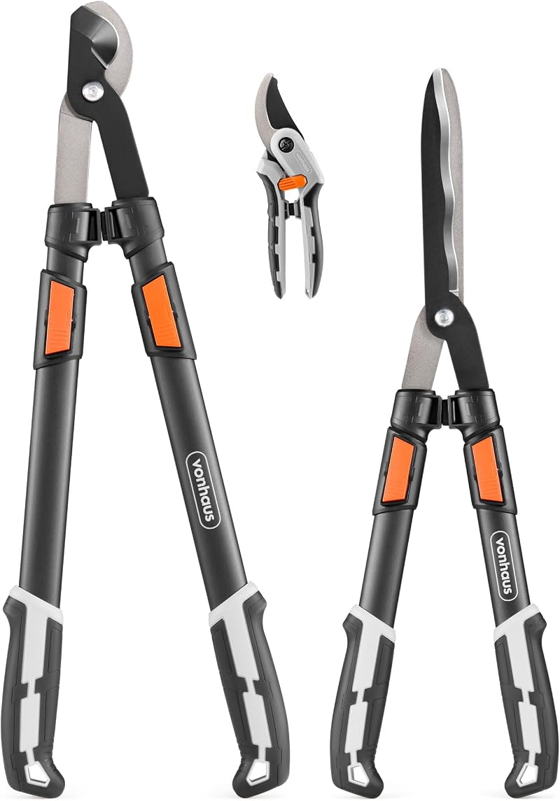 VonHaus 3Pc Garden Shears Set - Telescopic Lopper, Hedge Shears, Secateurs