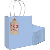 qiqee 100PCS Gift Bag with Handles Bulk Light Blue Paper Bags Multiple Uses (11"x5"x8"inch Medium Size)