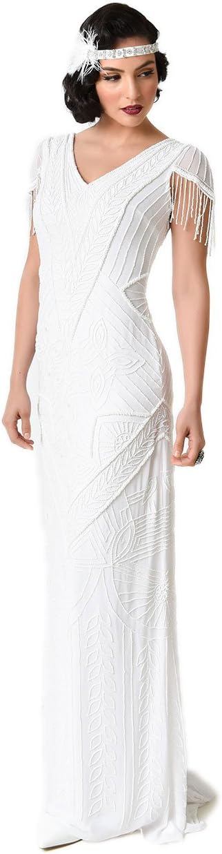 Unique Vintage Frock and Frill White Sequin Beaded Birdelle Bridal Maxi Dress
