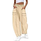 Aoysky Womens Baggy Wide Leg Pants Barrel Casual Drawstring Elastic Waist Contrast Stitch Workout Sweat Pants with Pockets