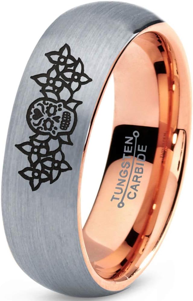 Dia De Los Muertos Day of The Dead Ring - Tungsten Band 8mm - Men - Women - 18k Rose Gold Step Bevel Edge - Yellow - Grey - Blue - Black - Brushed - Polished - Wedding - Gift Dome Flat Cut