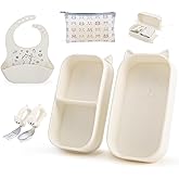 Mossora Baby Suction Plates for Toddlers, 6Pcs Travel Silicone Feeding Set for Toddlers/Kids, Foldable, Non-Slip Dishwasher Safe Plates & Utensils, BPA Free, Cat Design Gift Ready (Beige)
