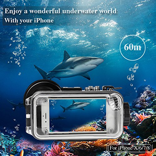 MEIKON iPhone X/6/7/8 Waterproof Case Black Bluetooth Control,195FT/60M IPX8 Certified Waterproof Underwater Swimming Diving Surfing Snorkeling case with Wide Angle Dome Port Lens(NO Battery)