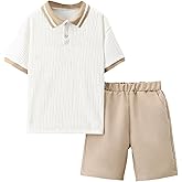 OYOANGLE Boy's 2 Piece Outfits Textured Collared Neck Short Sleeve T Shirt and Elastic Waist Shorts Set