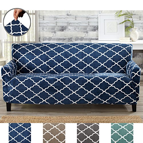 Great Bay Home Modern Velvet Plush Strapless Slipcover. Form Fit Stretch, Stylish Furniture Shield/Protector. Magnolia Collection Strapless Slipcover by Brand. (Sofa, Navy)