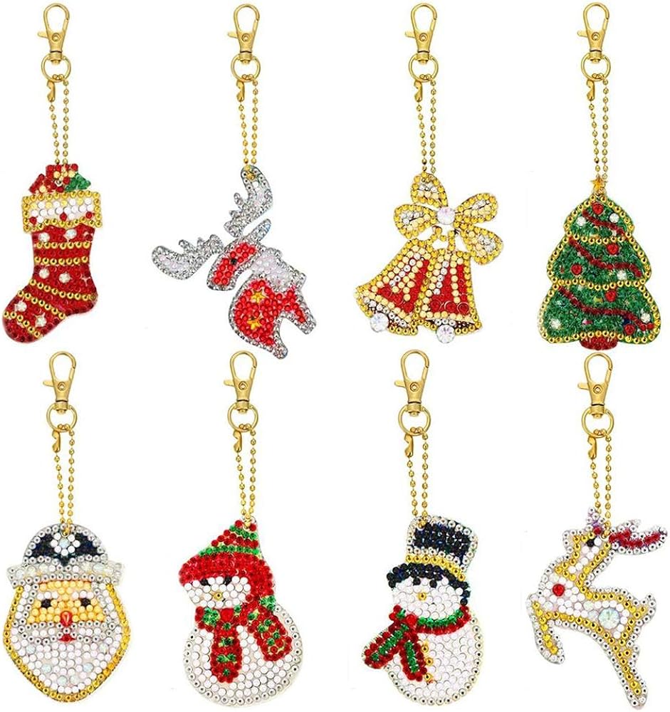Keyohome 8 Pcs Christmas DIY 5D Diamond Painting Keychains Kits