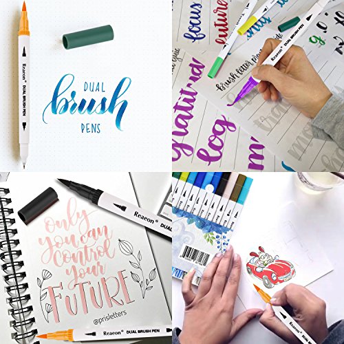 Reaeon Brush Marker Pens Dual Tips, Bullet Journal Fine Point Pen & Calligraphy Markers Set for Adult Coloring Books - 24 Colors Office School and Art Supplies
