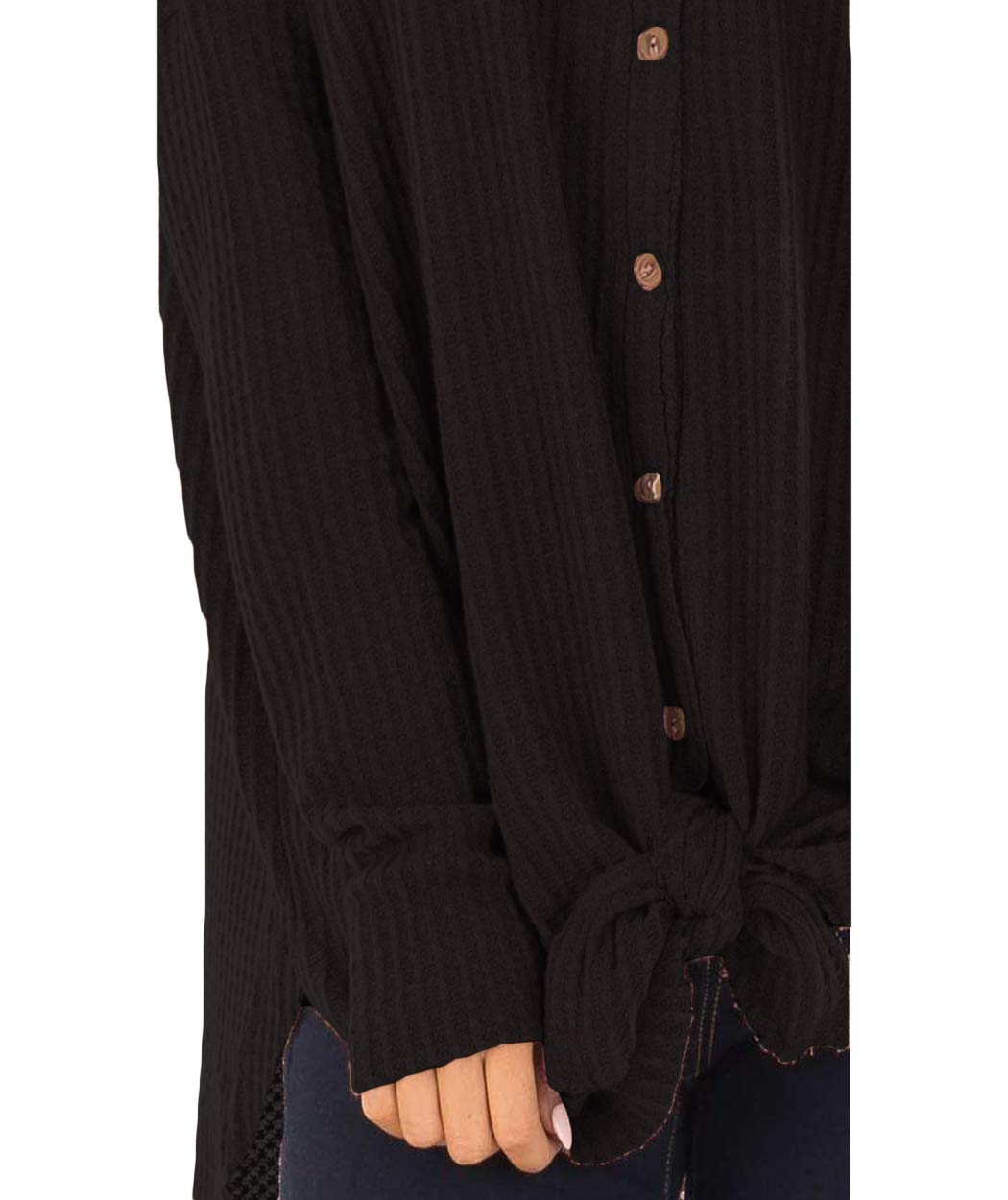 Eanklosco Tie Knot Tops Womens Waffle Knit V Neck Blouse Button Down Long Sleeve Henley Shirt (Black, M)