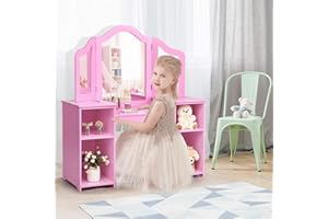 HONEY JOY Kids Vanity, Little Girls Vanity Set with Tri-Folding Mirror, Wooden Princess Makeup Dressing Table, Toddler Vanity, Pretend Play Kids Vanity Table and Chair Set (Pink)