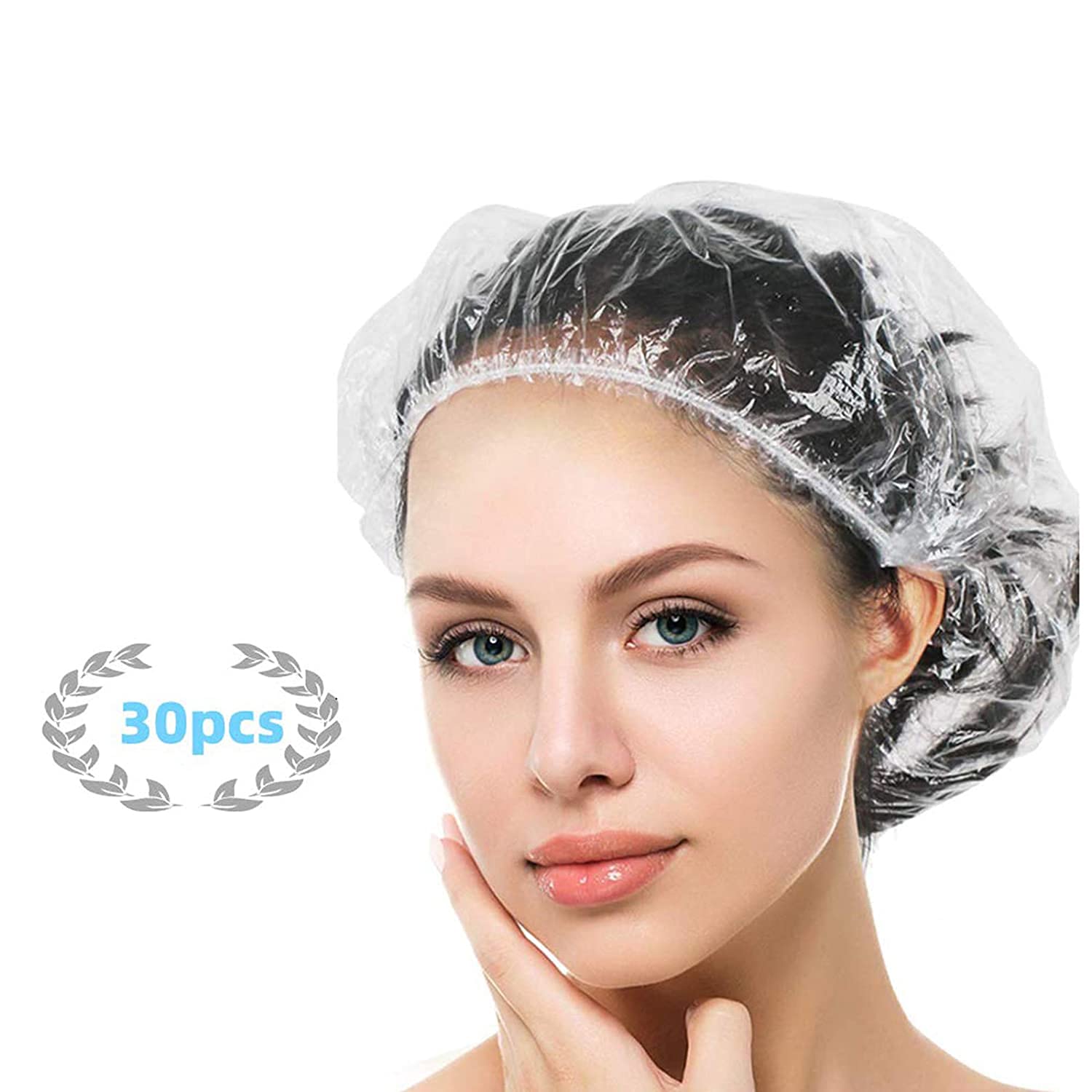 30PCS Disposable Shower Caps, Large Thick Clear Waterproof Shower Cap for Women Girl kids, Transparent Hair Caps, Extra Gift 2 Black Elastic Bands, Used in Home, Beauty Salon, Hotel,Food Service