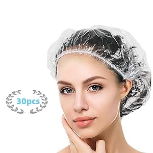 30PCS Disposable Shower Caps, Large Thick Clear Waterproof Shower Cap for Women Girl kids, Transparent Hair Caps, Extra Gift 2 Black Elastic Bands, Used in Home, Beauty Salon, Hotel,Food Service