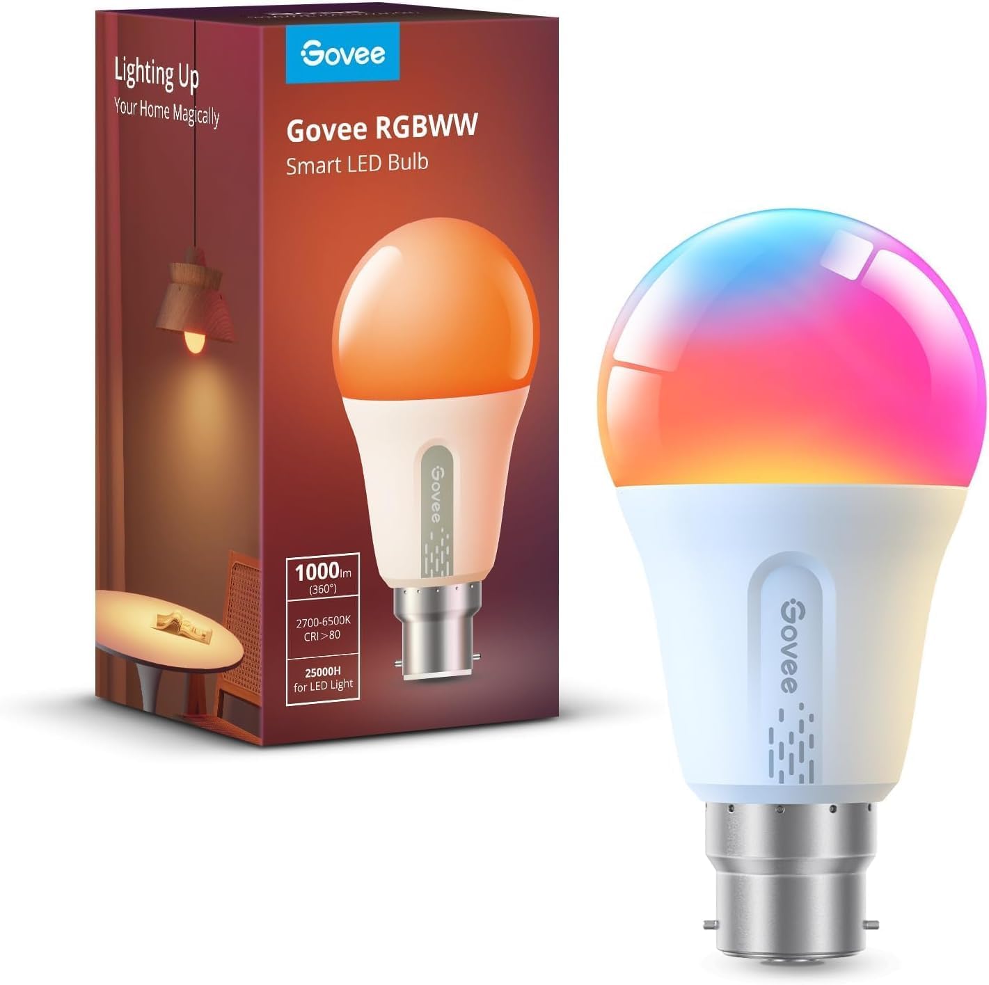 Govee Smart Bulb RGBWW, 1000lm Wi-Fi LED Bulbs B22, Smart Light Dimmable, DIY 16 Million Color, 64 Dynamic Scenes, Compatible with Alexa, Google Assistant, Matter, 1 Pack