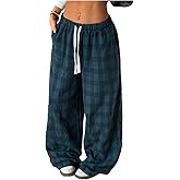 GORGLITTER Women's Plaid Checkered Wide Leg Pants Gingham Drawstring Elastic Waist Pajama Lounge Trousers with Pockets