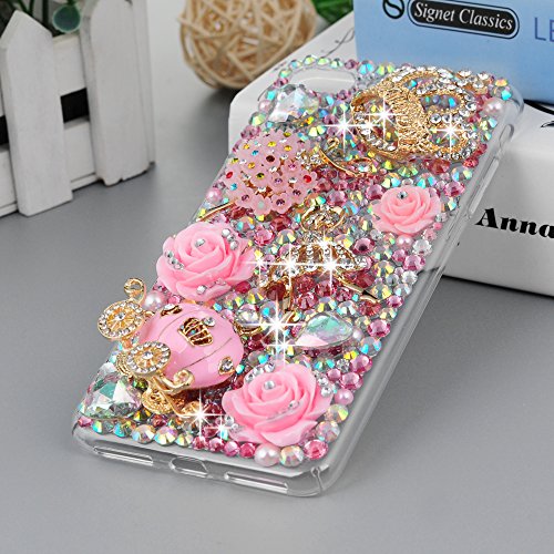 iPhone 7 Plus Case 5.5 inch - Mavis's Diary 3D Handmade Bling Rhinestone Diamonds Luxury Pumpkin Carriage Golden Crown Pink Flower Dancing Girl Shiny Heart [Full Edge Protection] Hard PC Cover - Thumbnail 5