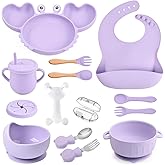 Silicone Baby Feeding Set 15 Pcs,Baby Spoons Suction Bowl Divided Plate Bib Cup Finger Brush Training cups,Baby Led Weaning Supplies,Baby Plates,Toddler Feeding Plates and Bowls Set(purple)