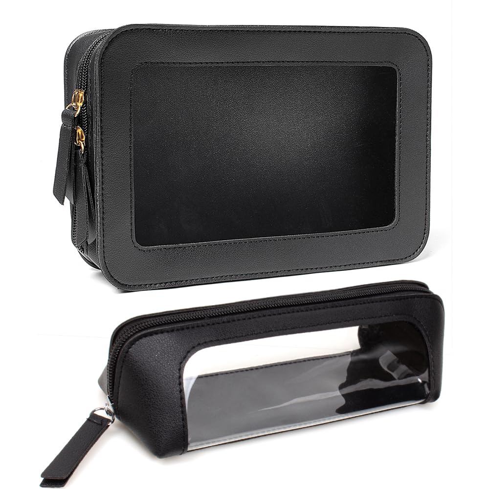 Photo 1 of 2Pcs Clear Makeup Bag Organizer, TSA Approved Portable Travel Toiletry Bag Set Multipurpose Cosmetic Bag Case for Women Vegan Leather Make Up Pouch Makeup Brushes Storage Case Bags (Black C Set)