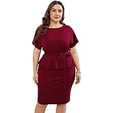 KOJOOIN Women Plus Size Bodycon Elegant Midi Dress Peplum Business Work Office Sheath Pencil Cocktail Party Dress with Belt