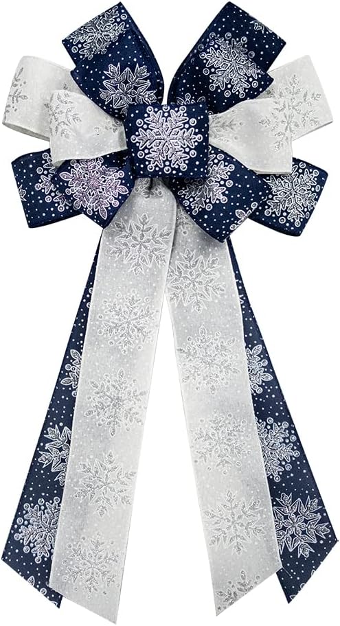 Bows & Ribbons - On-Airstore Large Christmas Wreath Bows, Christmas Navy Blue Snowflake Ribbon Bows for Wreaths, Large Tree Topper Bows for Christmas Home Garden Indoor Outdoor Decoration Wreath Ornament Supplies