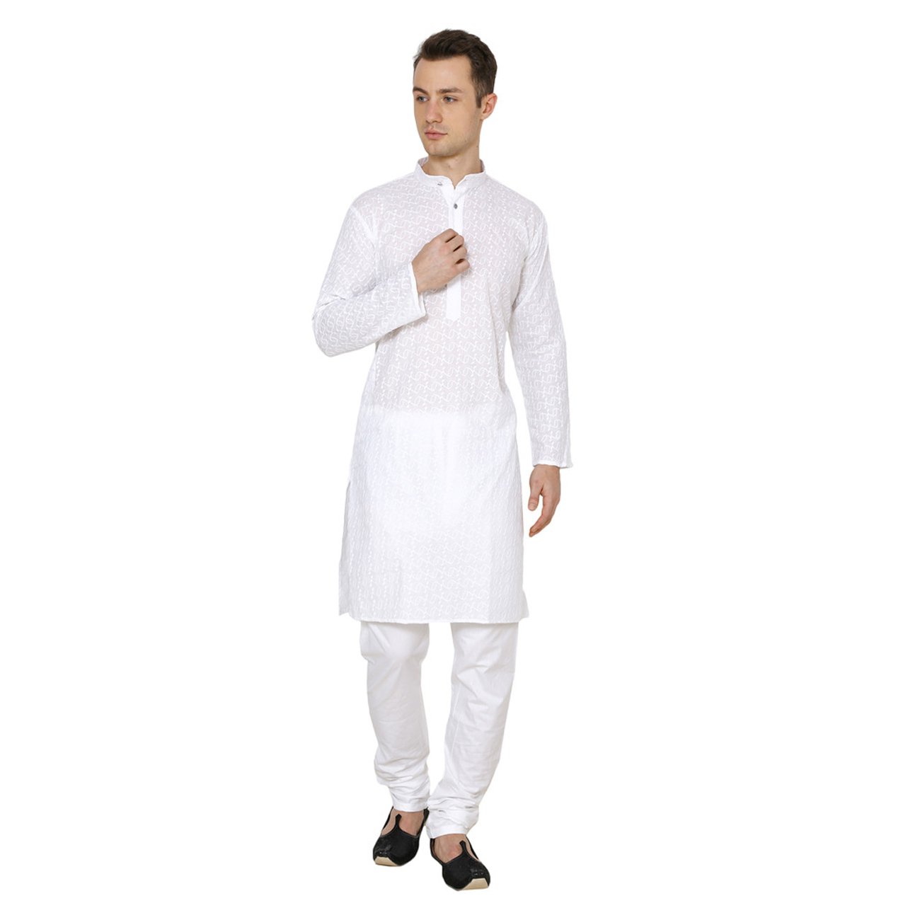 royal kurta mens cotton lucknowi chikan embroidered kurta churidar set