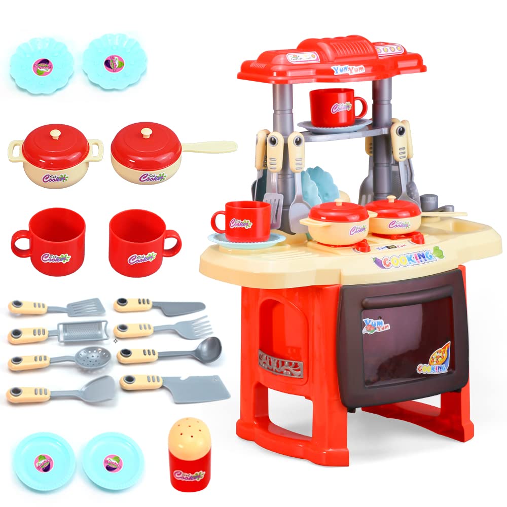 EVERGD Kitchen Playset Role Playing Game Small Kitchen Toy Play Set with Light and Sound 24 Accessories Included Best Gift for Boys Girls (Red)