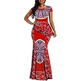 VERWIN African Dress Cap Sleeve Square Neck Floor-Length Geometric Mermaid Maxi Dress Long Dress