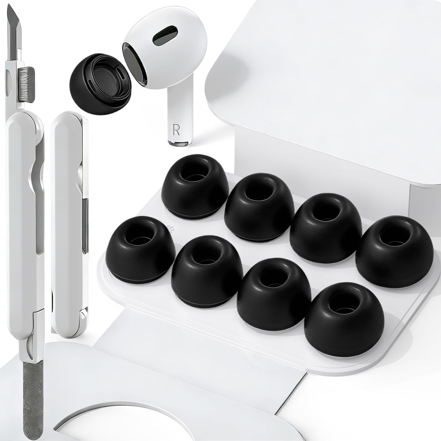 SIXFU 4 Sizes of Ear Tip Replacement Compatible with AirPod Pro and AirPods Pro 2 Ear Tips with Portable Storage Box & Cleaning Kit, Noise Reduction Hole & Dense Dust Guard Screen(XS/S/M/L)-Black