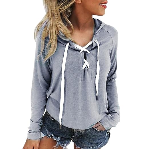 Hoodie Sweatshirt Dasongff Damen Herbst Frauen V-Ausschnitt Volltonfarbe Kordelzug Kapuzenpullis Spitze Langarm Oberseiten Ma