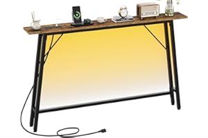 Asgolion 47'' Console Table with Charging Station and LED Light, Narrow Sofa Table with Power Outlets and Type C & USB Port, Behind Couch Table, for Living Room, Entryway, Hallway, Rustic Brown