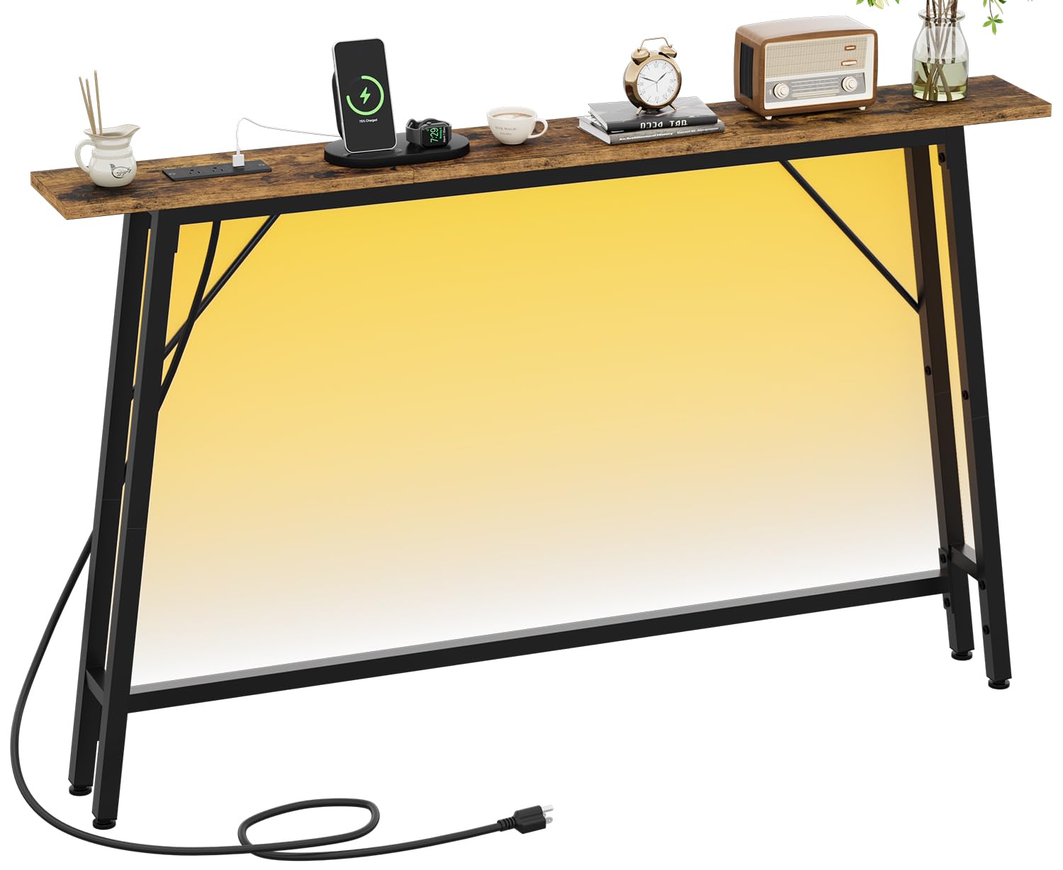 Photo 1 of Asgolion 47'' Console Table with Charging Station and LED Light, Narrow Sofa Table with Power Outlets and Type C & USB Port, Behind Couch Table, for Living Room, Entryway, Hallway, Rustic Brown