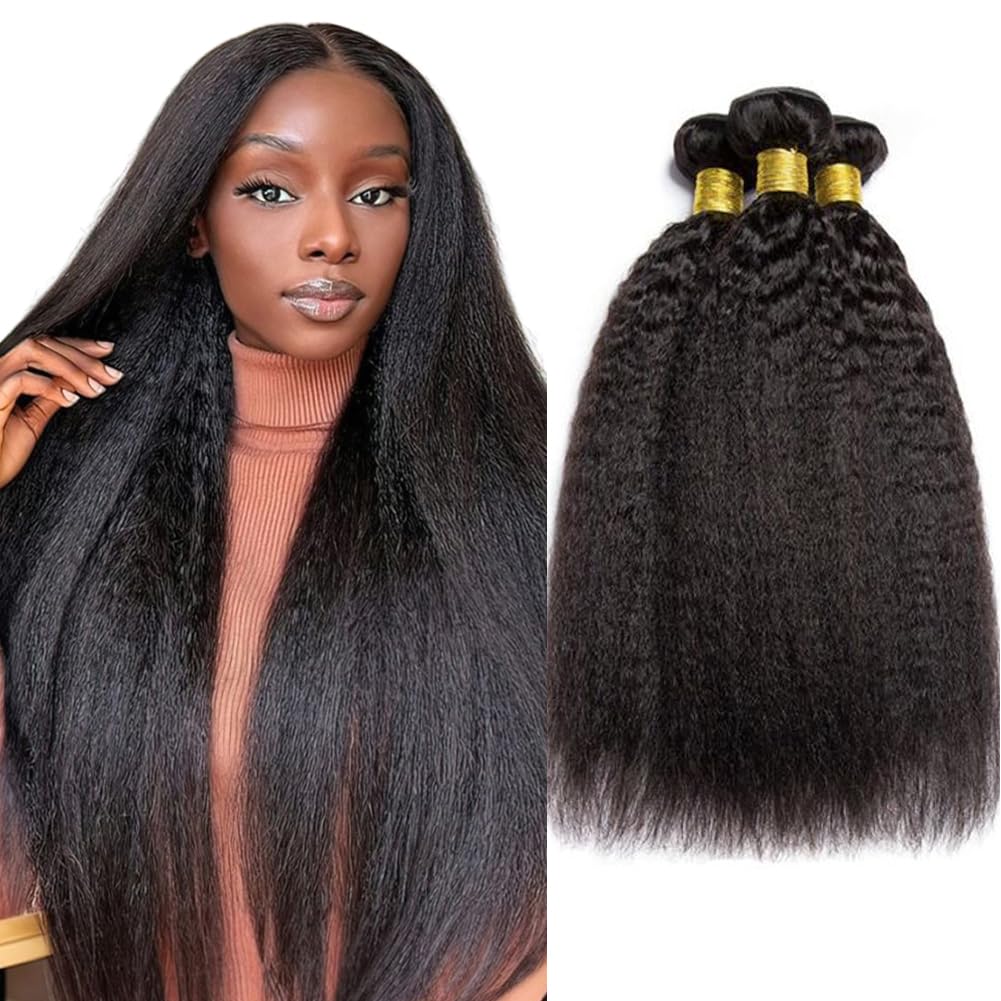 UNILO Human Hair Bundles 12A, Yaki Straight Bundle Human Hair 22 24 26 Inch Brazilian Kinky Straight 3 Bundles Total 300G Double Weft Sewing No Shedding