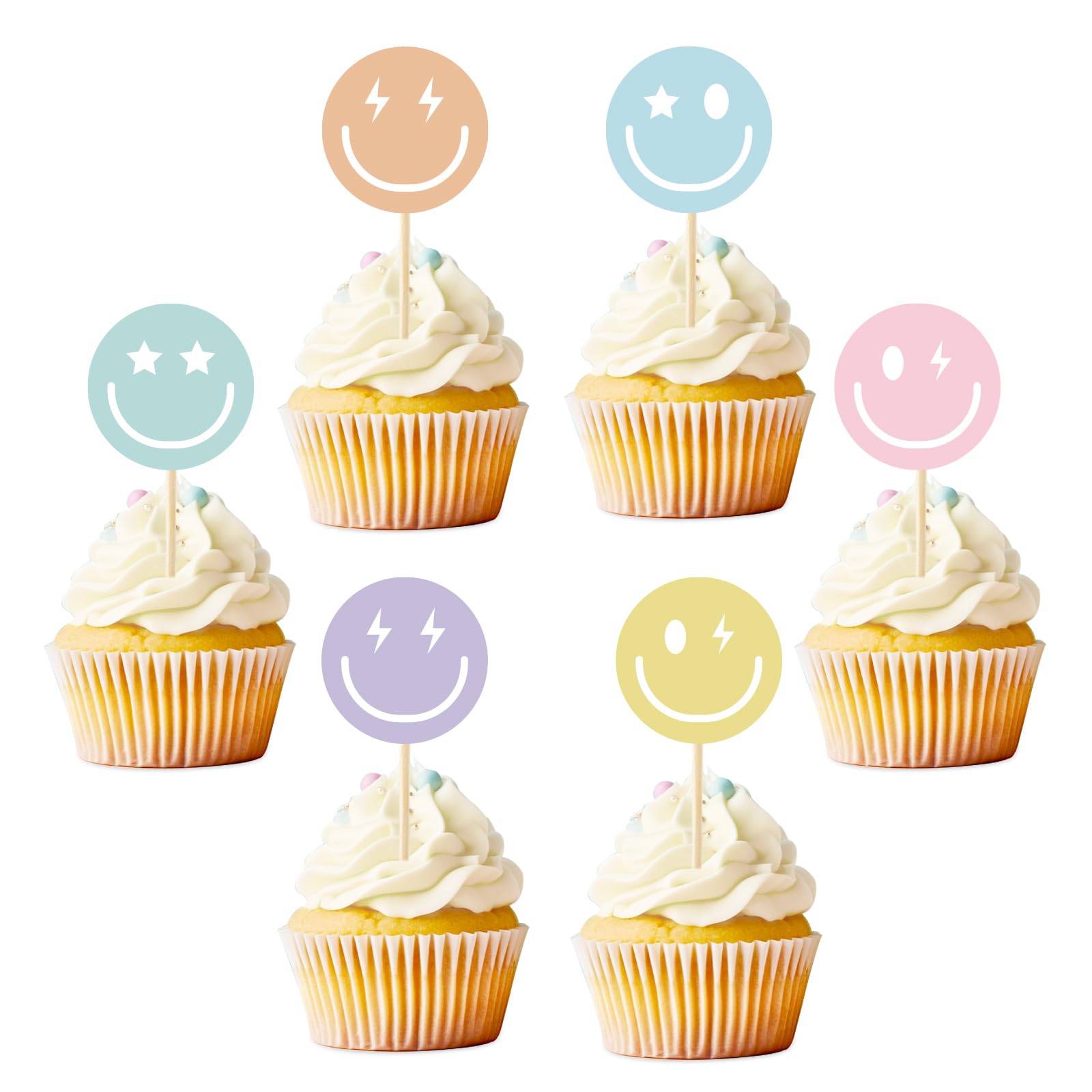 Photo 1 of Whaline 72Pcs Preppy Smile Face Cupcake Toppers 6 Designs Paper Cake Decor Cute Cupcake Picks for Y2K Bachelorette Birthday Party Supplies Photo Booth Props